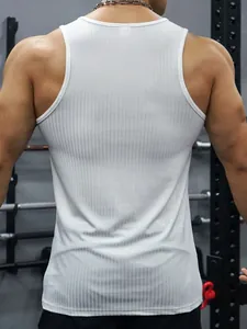 Detailed back view of men's white ribbed slim fit tank top for gym and fitness wear