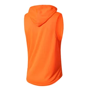 Vue arrière du débardeur de sport à capuche pour homme orange vif avec maille aérée