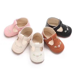 Infant Baby Girl Princess Walking Shoes PU Leather Flower Embroidery Soft Sole Scalloped Edge Toddler Spring First Walkers