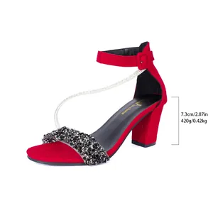 Red chunky heel sandals with rhinestone straps and 7.3cm heel height measurement
