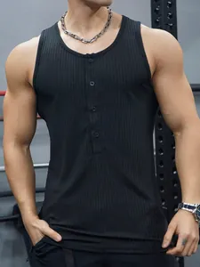 Detailed view of men's black ribbed slim-fit tank top featuring a buttoned Henley neck