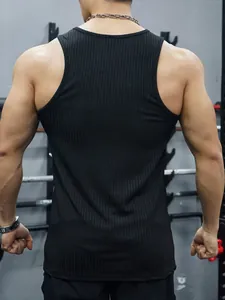 Back view of a men's black ribbed slim-fit gym tank top showing the fabric texture and fit