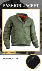 Blouson aviateur classique vert pour homme avec col montant et poche sur la manche