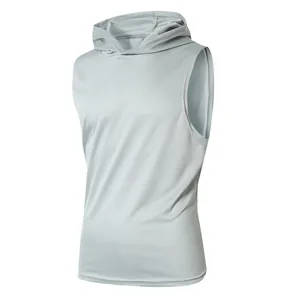 Vue détaillée d'un sweat à capuche sans manches gris en tissu mesh respirant pour le sport