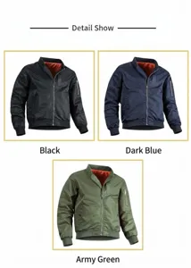 Affichage détaillé de vestes bomber pour hommes en noir, bleu foncé et vert armée