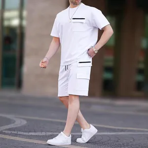 Men's casual white T-shirt and cargo shorts set with zipper pocket details