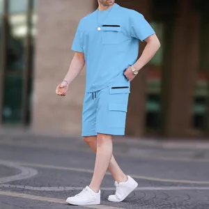 Men's light blue casual sports T-shirt and shorts set with black zipper pockets