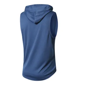 Vue arrière du gilet de sport à capuche bleu sans manches pour homme en tissu mesh