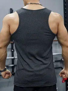 Back view of men's dark gray ribbed slim-fit fitness tank top showing texture