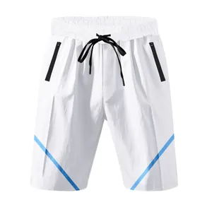 Pantaloncini sportivi bianchi a rapida asciugatura da uomo con strisce blu e tasche con zip