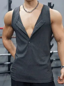 Close-up detail of dark grey ribbed knit slim fit gym tank top with henley buttons