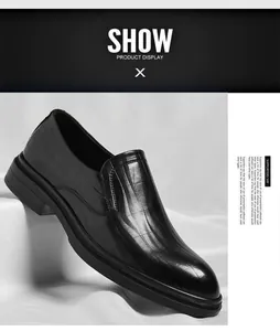 Detailed side view of black slip-on leather shoes with embossed texture