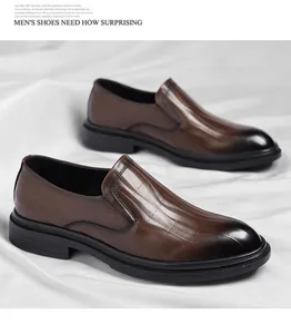 Elegant brown men's slip-on business shoes featuring textured leather and a gradient toe