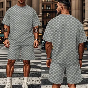Stijlvolle grijze heren jacquard ruit korte mouwen T-shirt en shorts casual tweedelige set