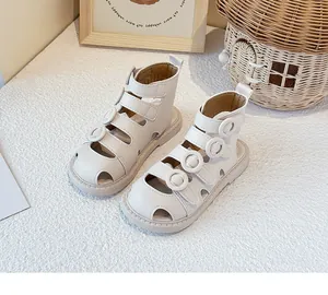Stylish white high-top closed-toe Roman sandals with soft soles for toddlers and kids