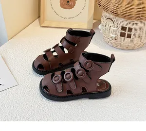 Stylish dark brown toddler high-top Roman sandals with closed-toe design and soft sole