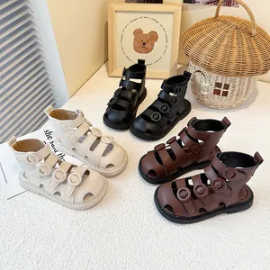 Korean Style Toddler Girls Roman Sandals Anti-Kick Toe Microfiber Leather Princess Shoes Hook And Loop Summer Sandals