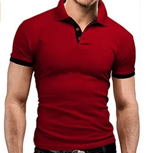 Modern slim fit red polo shirt for men featuring black contrast trim and button collar