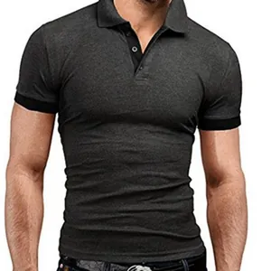 Close-up of a men's slim fit dark grey short sleeve polo shirt with black ribbed cuffs.
