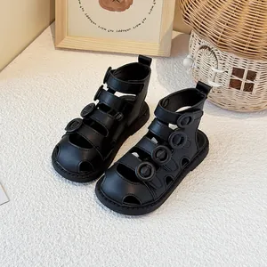 Black high-top toddler Roman sandals with protective closed-toe and soft sole design.