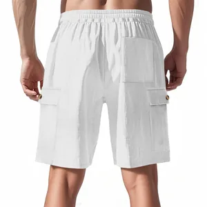 Detailed back view of men's white corduroy cargo shorts featuring multi-pockets and button detail
