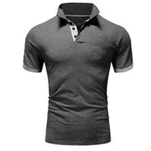 Professional front view of a men's slim fit polo shirt in charcoal grey with contrast collar