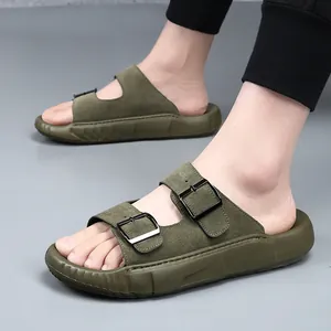 Sandales en cuir suédé vert olive pour hommes avec double boucle et semelle épaisse