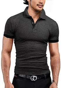 Men's slim fit short sleeve polo shirt in charcoal grey with classic ribbed collar detail