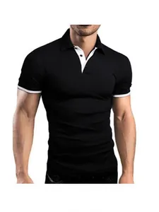 Men's slim-fit black Polo shirt with contrast white collar and short sleeves
