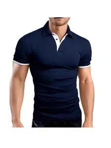 Men's navy blue quick-dry short-sleeved Polo shirt with white contrast collar