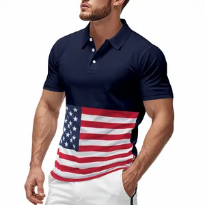 Polo blu navy slim fit da uomo con stampa grafica della bandiera americana sulla parte frontale.