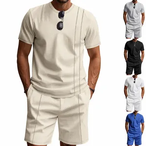 Men Waffle Knit Top And Bottom Set Round Neck Short Sleeve T-Shirt And Shorts Sporty Casual American Minimalist Apparel