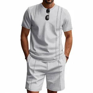 Men's light grey waffle knit short sleeve t-shirt and shorts summer two-piece set