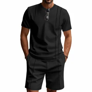 Men's black waffle knit t-shirt and shorts set with a relaxed fit for summer wear