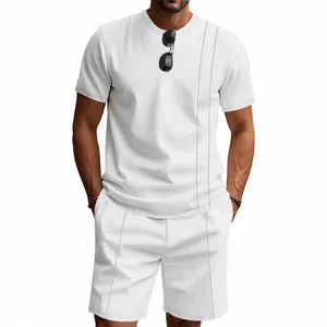 White waffle knit men's summer set featuring crewneck short sleeve t-shirt and matching shorts