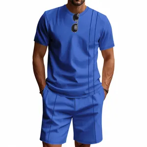 Waffle knit crew neck men's summer t-shirt and shorts set in blue