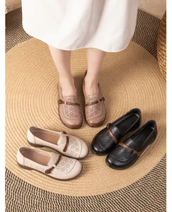 Breathable hollow leather loafers for elderly women in beige, brown and black colors