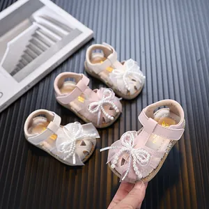 Toddler Girls Princess Sandals Bow Artificial Pearl Closed Toe Soft Sole Baby First Walkers For Summer Casual Daily Wear