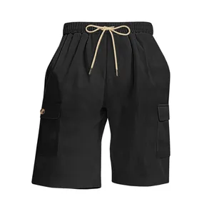 Front view of black corduroy cargo shorts with drawstring and buttoned pockets