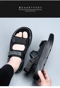 Close-up of black men's sandals with adjustable straps and comfortable thick soles