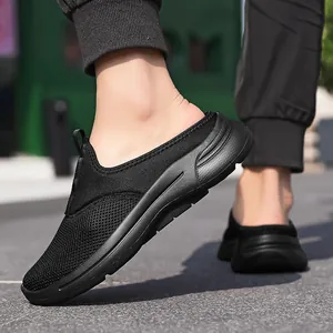 Detailed view of breathable black mesh outdoor travel mule sneakers with slip-on design