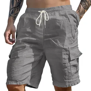 Graue Herren-Cargo-Shorts aus Leinen mit Kordelzug und praktischen Mehrfachtaschen