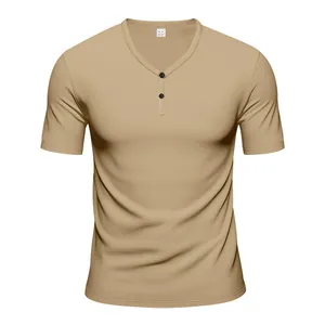 T-shirt homme Henley rétro kaki à manches courtes en tissu élastique à séchage rapide