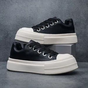 Men Thick Sole Height Increasing Board Shoes Fashion Casual Bread Shoes Platform Microfiber Leather Sneakers With Metal Eyelets