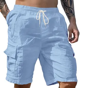 Herren Casual Leinen Cargo Shorts Atmungsaktiv Kordelzug Taille Strandshorts Mit Mehrfachtaschen Für Jogging Fitness Sommer Bottoms