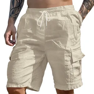 Atmungsaktive Herren-Cargo-Shorts aus Leinen mit Kordelzug und Taschen in Beige