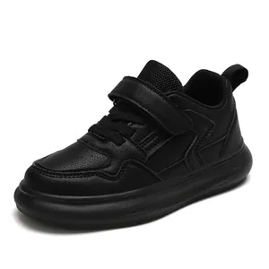 Baskets noires confortables à semelles épaisses pour garçons, chaussures de skate en cuir durable