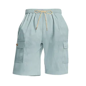 Detailed view of light blue corduroy cargo shorts featuring elastic drawstring waist