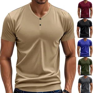 T-Shirt Henley en Polyester Élasthanne pour Hommes Rétro Américain Coupe Slim Séchage Rapide Respirant Élastique Sportif Manches Courtes