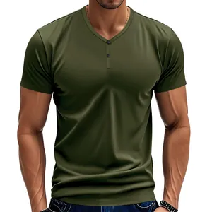 T-shirt Henley homme vert olive coupe ajustée en tissu respirant à séchage rapide